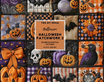 Spooky Halloween Patchwork Seamless Digital Paper Fabric Print, Fall Halloween Collage Seamless Pattern Repeat Sublimation Design Wallpaper