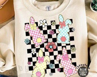 Retro Easter Checkered Bunny Png, Checkerboard pastel bunny png, Easter Coquette Bow Png, Easter Bunny Png, Girly Retro Floral Easter png