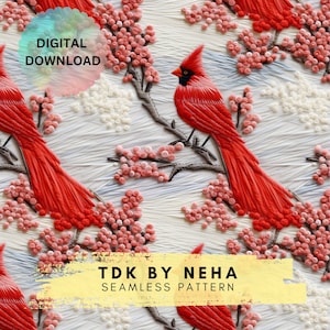 Seamless Christmas Birds Red Cardinal Faux Embroidery, Snowy Winter Digital Paper, Winter Berries Seamless File for Holiday Print on Fabric