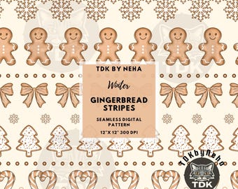 May include: A seamless digital pattern with gingerbread men, bows, Christmas trees, candy canes, and snowflakes. The design includes the text "Winter Gingerbread Stripes" and is 30.48 cm x 30.48 cm at 300 DPI. The color palette is cream and brown.