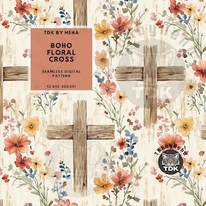 Boho Floral Cross Seamless Pattern Digital Paper for Fabric Print, Christian Pattern Pastel Floral Faith Seamless Repeat Sublimation Design