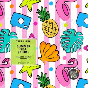 May include: A seamless digital pattern with a summer theme. The design features pink flamingos, pineapples, seashells, and starfish on a white background with pink vertical stripes. The text "SUMMER SEA (PINK)" is included.