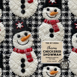Classic Checkered Snowman Faux Embroidery Seamless Digital Paper for Fabric Printing, 3D Winter Christmas Seamless Repeat Sublimation Design