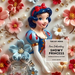 Snowy Princess Faux Embroidery Seamless Digital Paper for Fabric Printing, Fairytale Floral Princess 3D Seamless Repeat Sublimation Design