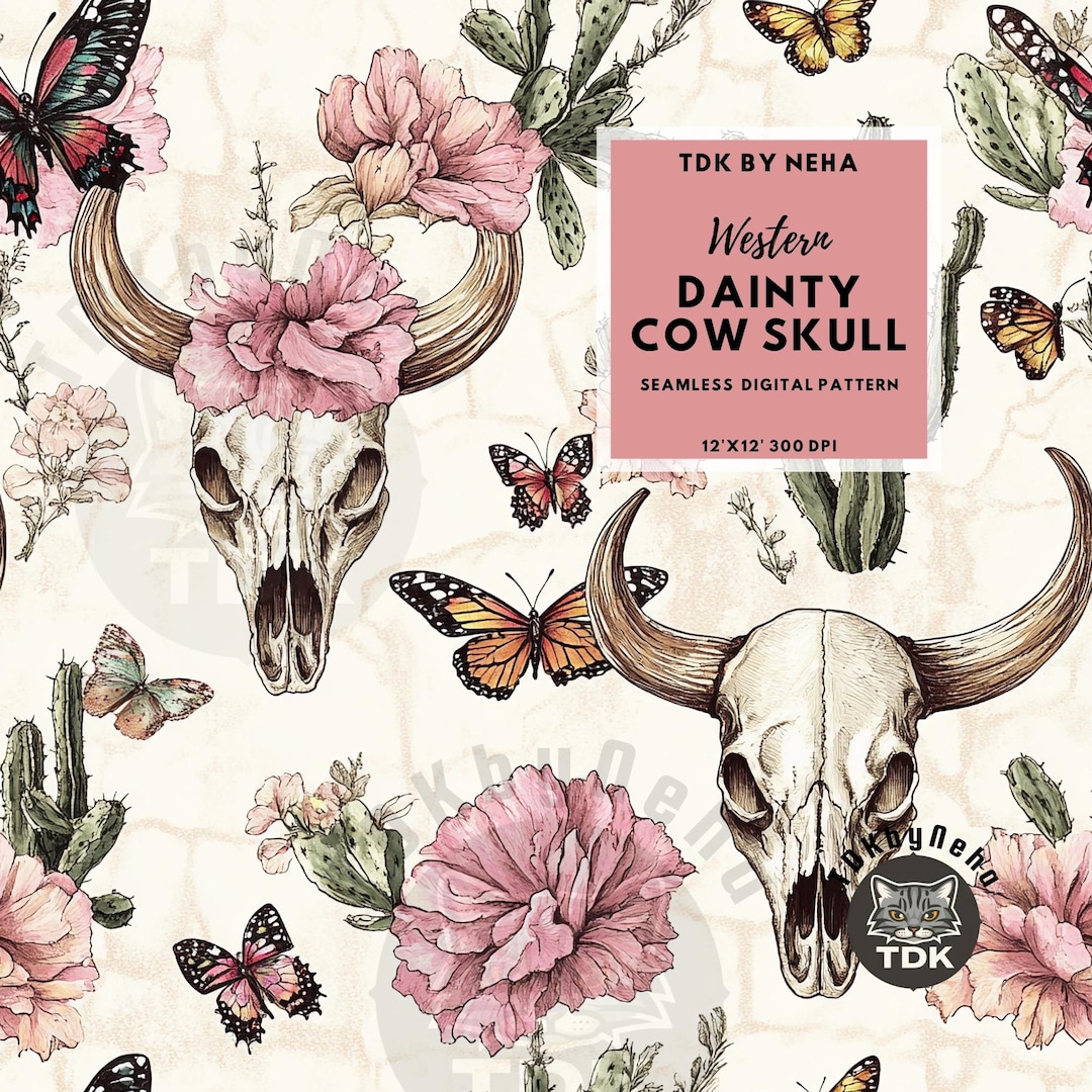 Dainty Boho Western Cow Skull Seamless Digital Paper for Fabric Print ...