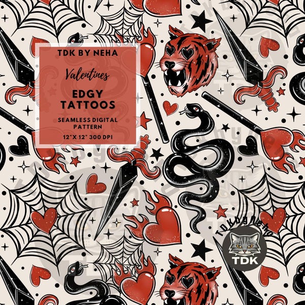 Edgy Valentines Tattoo Seamless Pattern, Anti Valentinstag Sublimation, Tiger Snake Dolch Digitales Papier für Fabric Print Goth Vday Wallpaper