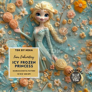 Ice Princess Embroidery Seamless Digital Paper for Fabric Printing, Floral Snow Magical Princess Seamless Pattern Repeat Sublimation Design