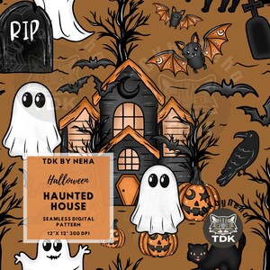 May include: A seamless digital pattern with a Halloween theme. The design features a haunted house, ghosts, bats, pumpkins, and a raven on a brown background. The text "Halloween Haunted House" is visible. The pattern is 12 x 12 inches.