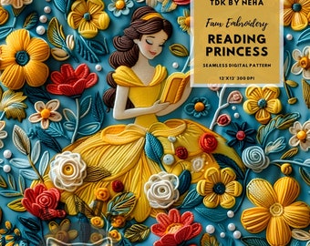 Reading Princess Faux Embroidery Seamless Digital Paper for Fabric Print, Floral Magical Princess Seamless Pattern Repeat Sublimation Design