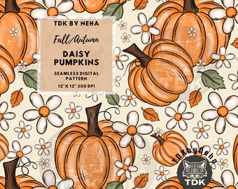 Fall Boho Floral Pumpkin Seamless Pattern Digital Paper for Fabric Printing, Autumn Girly Daisy Flowers Repeat Sublimation Design Wallpaper