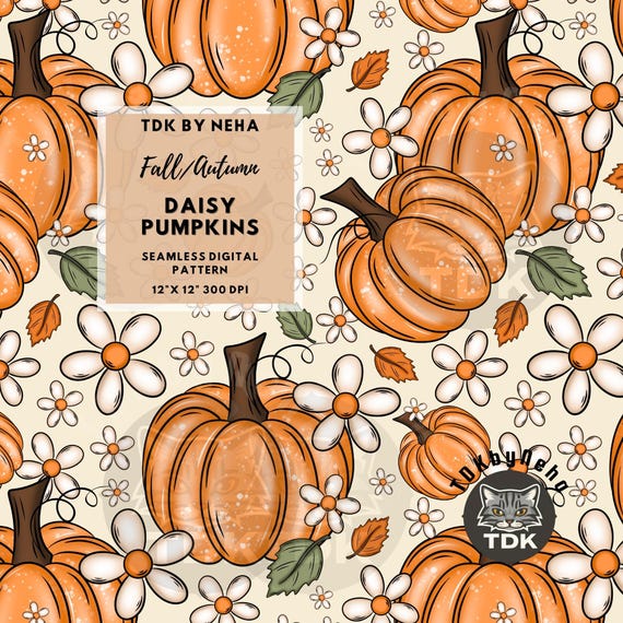 Fall Boho Floral Pumpkin Seamless Pattern Digital Paper for Fabric Printing, Autumn Girly Daisy Flowers Repeat Sublimation Design Wallpaper