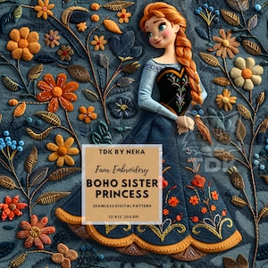 3D süße Prinzessin Faux Stickerei Nahtloses digitales Papier für Stoffdruck, Boho Magische Prinzessin Nahtlose Muster wiederholen Sublimationsdesign