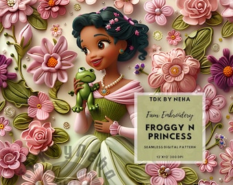 Frog and Princess Faux Embroidery Seamless Digital Paper for Fabric Printing, Floral Magical Princess 3D Seamless Repeat Sublimation Design