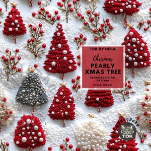 Albero di Natale rosso 3D senza soluzione di continuità, ricamo finto perlescente senza soluzione di continuità Texture natalizia Carta digitale per stampa su richiesta Albero di pino stampabile