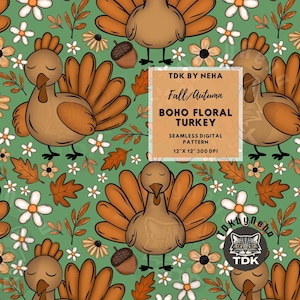 Padrão floral de outono, peru, sem costura, papel digital para impressão em tecido, folhas de outono femininas, boho, ação de graças, repetição sem costura, design de sublimação