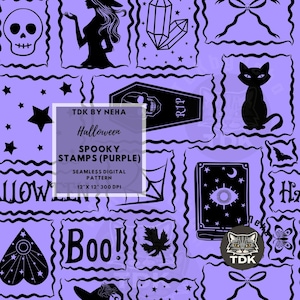 Lila Halloween-stämplar sömlösa mönster digitalt papper för tygtryck, lapptäcke, kusligt, flickaktigt, häxigt, sömlöst upprepat sublimeringsdesign