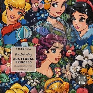 80s Retro Floral Princess Seamless Digital Paper Fabric Print, Magical Cartoon Princess Seamless Pattern Repeat Sublimation Design Scrapbook