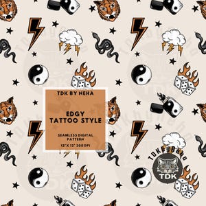 Könnte beinhalten: Nahtloses digitales Muster im Tattoo-Stil. Das Design zeigt sich wiederholende Motive von Tigergesichtern, Blitzen, Yin-Yang-Symbolen, Schlangen, Würfeln mit Flammen, Wolken mit Blitzen und Sternen. Das Muster ist 30,48 cm x 30,48 cm bei 300 DPI.