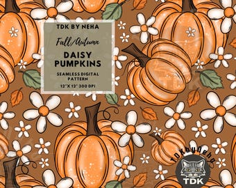 Fall Boho Floral Pumpkin Seamless Pattern Digital Paper for Fabric Printing, Autumn Girly Daisy Flowers Repeat Sublimation Design Wallpaper