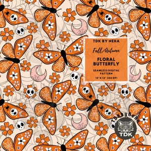 Peut inclure: Un motif numérique sans couture avec des papillons orange aux ailes en toile d'araignée, petites fleurs blanches, crânes et lunes roses sur fond clair. Texte : TDK BY NEHA Fall/Autumn FLORAL BUTTERFLY SEAMLESS DIGITAL PATTERN 30,48 cm x 30,48 cm 300 DPI.