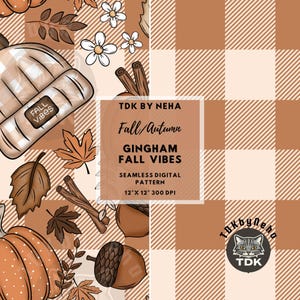 Przytulne jesienne klimaty Checker Pumpkin Patch Seamless Pattern Cyfrowy papier Tkanina Druk, Jesienne kratki Gingham Seamless Repeat Sublimacja Design