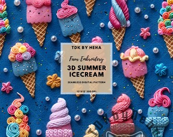 3D Summer Ice Cream Faux Embroidery Seamless Digital Paper for Fabric Print, Colorful Ice cream Cone 3D Seamless Repeat Sublimation Design