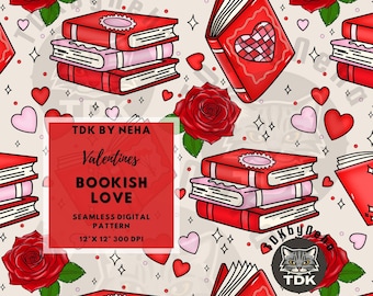 Valentines Day Bookish Seamless Pattern, Vday Books and Rose Seamless for Fabric Printing, Girl Valentines Romance Digital Paper Sublimation