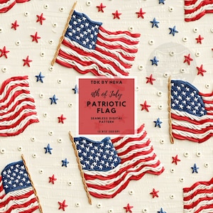 May include: A seamless digital pattern featuring a red, white, and blue American flag with stars. The flag is made of textured material and is set against a white background with red and blue stars.