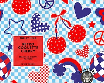 Coquette Cherry 4th of July Seamless Digital Paper for Fabric Print, USA Patriotic Red White Blue Checker Seamless Repeat Sublimation Design
