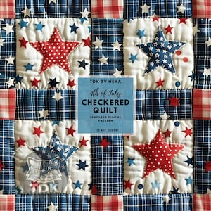 May include: A digital pattern for a 4th of July checkered quilt with red, white, and blue stars. The pattern is 12 inches by 12 inches and 300 DPI. TDK by Neha.