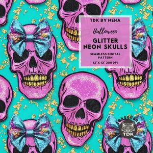Halloween Glitter Skulls Seamless Digital Paper for Fabric Print, Spooky Neon Pink Goth Skull Bow Seamless Pattern Repeat Sublimation Design