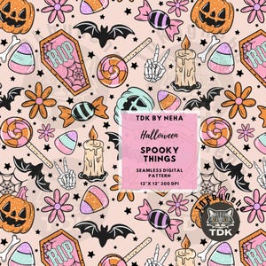 Gruselige Süßigkeiten Halloween Nahtloses digitales Papier für Stoffdruck, Sarg Kürbisskelett Fledermäuse Blumennetz Nahtlos Sublimationsdesign wiederholen