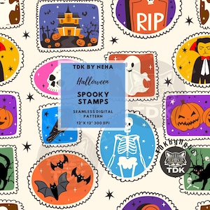 Neutrala Halloween-stämplar sömlösa mönster digitalt papper för tygtryck, kusligt skelett spöke lapptäcke sömlös upprepad sublimeringsdesign