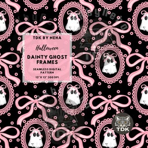 Dainty Pink Coquette Bow Ghost Frame Seamless Pattern Digital Paper Fabric Print Design, Halloween Girly Ghouls Seamless Repeat Sublimation