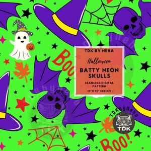 Neon Batty Skulls Seamless Pattern for Fabric Print, Spooky Ghosts Boys Halloween Seamless Digital Paper Repeat Sublimation Tumbler Design