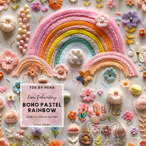 May include: A seamless digital pattern featuring a pastel rainbow and various embroidered flowers in shades of pink, orange, yellow, and blue. The text "TDK BY NEHA Faux Embroidery BOHO PASTEL RAINBOW" is displayed. The pattern is 12x12 inches at 300 DPI.