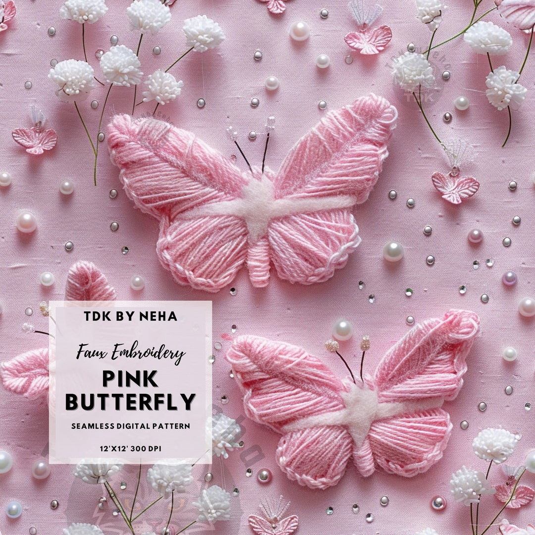 3D Baby Pink Butterfly Embroidery Seamless Digital Paper for Fabric ...