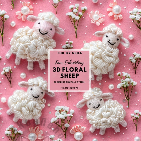 3D Cute Sheep Faux Embroidery Animals Seamless Digital Paper for Fabric Printing, Pink Summer Floral Lamb Seamless Repeat Sublimation Design