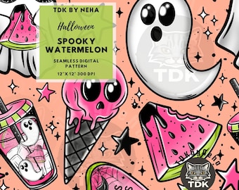 Papel digital con estampado sin costuras de sandía espeluznante para impresión en tela, diseño de sublimación de repetición sin costuras con fantasma femenino afrutado de Halloween de verano