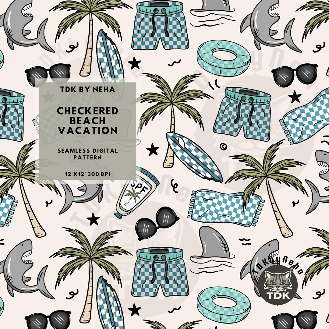 Summer Beach Shark Seamless Digital Paper for Fabric Print, Palm Tree ...