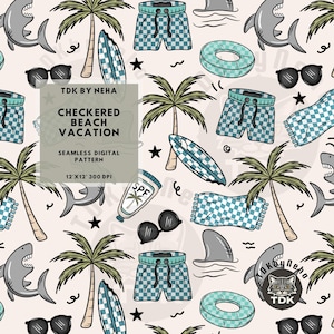 Summer Beach Shark Seamless Digital Paper for Fabric Print, Palm Tree Skateboard Surf Seamless Repeat Sublimation Design Boys seamless Print