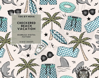 Summer Beach Shark Seamless Digital Paper for Fabric Print, Palm Tree Skateboard Surf Seamless Repeat Sublimation Design Boys seamless Print