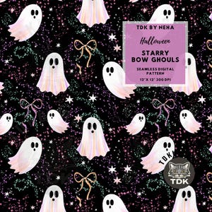 May include: A seamless digital pattern featuring white ghosts with iridescent highlights, gold-colored bows, and small white stars on a black background. A purple text box reads TDK BY NEHA, Halloween, STARRY BOW GHOULS, SEAMLESS DIGITAL PATTERN, 12" X 12" 300 DPI.