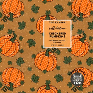 Fall Boho Checkered Pumpkin Seamless Pattern Digital Paper for Fabric Printing, Autumn Maple Leaf Gingham Checks Repeat Sublimation Design