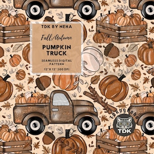 Papier numérique sans couture de camion citrouille d'automne bohème pour impression sur tissu, conception de sublimation de répétition sans couture de ferme d'automne neutre garçon