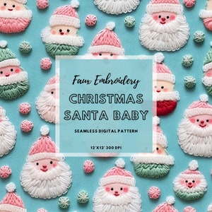 Christmas Baby Santa Seamless Pattern, Retro Christmas Faux Embroidery Seamless File, Pastel Winter Baby Santa head Seamless Digital Paper