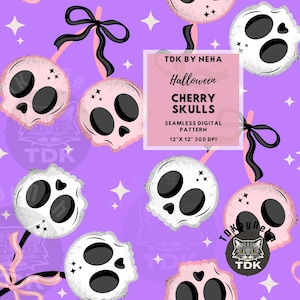 Halloween Grunge Cherry Skulls Seamless Pattern Digital Paper Fabric Print, Spooky Pastel Goth Seamless Repeat Sublimation Design Wallpaper
