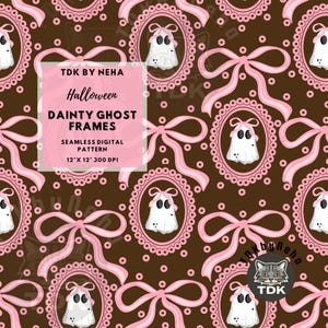 Dainty Pink Halloween Bow Ghost Frame Seamless Pattern Digital Paper Fabric Print, Girly Ghouls Seamless Repeat Sublimation Design Wallpaper