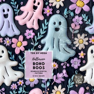 Boho Floral Ghosts Seamless Pattern for Fabric Print Daisy 3D Halloween Boo Seamless Digital Paper Repeat Sublimation Craft Design Wallpaper