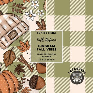 Jesienne wibracje Boho Checker Pumpkin Seamless Pattern Cyfrowy papier do druku na tkaninie Dusty Green Gingham Check Seamless Repeat Sublimacja Design